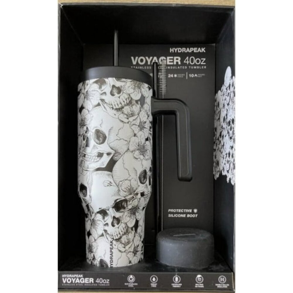 NWT Hydrapeak Skulls Flowers 40oz Stainless Steel Insulated Bottle Tumbler Straw